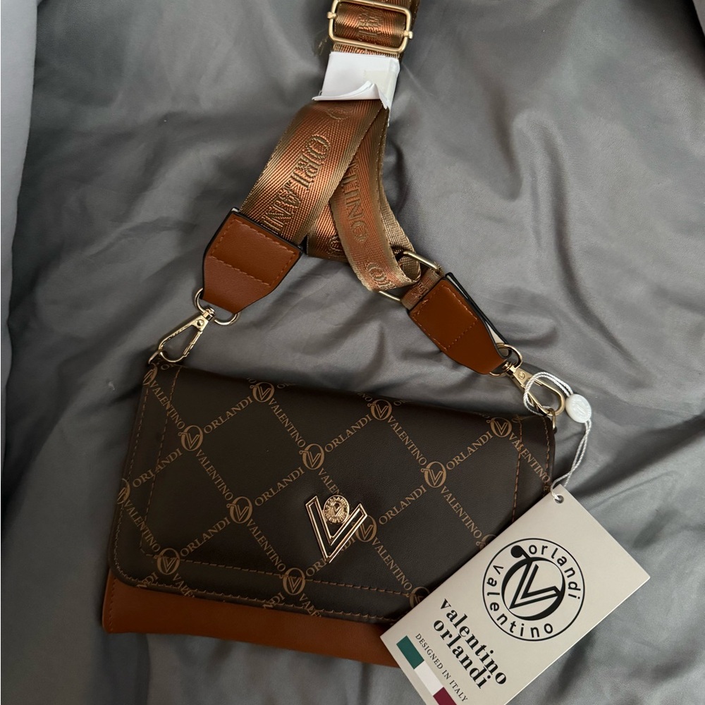 Valentino Orlandi Brown and Tan Logo Crossbody